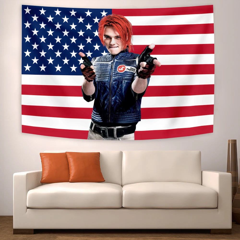 tapisserie murale moderne étoiles blanches fond rose personnage veste gants drapeau américain