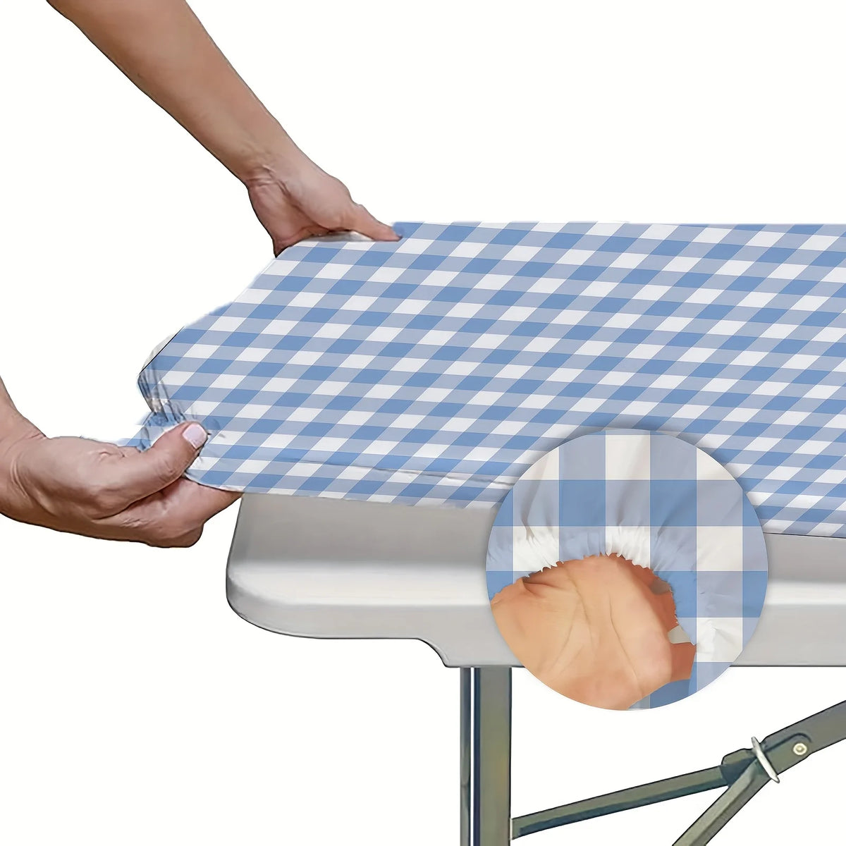 nappe table pliante carreaux diagonaux bleu clair blanc jaune rouge moderne pratique clips métalliques