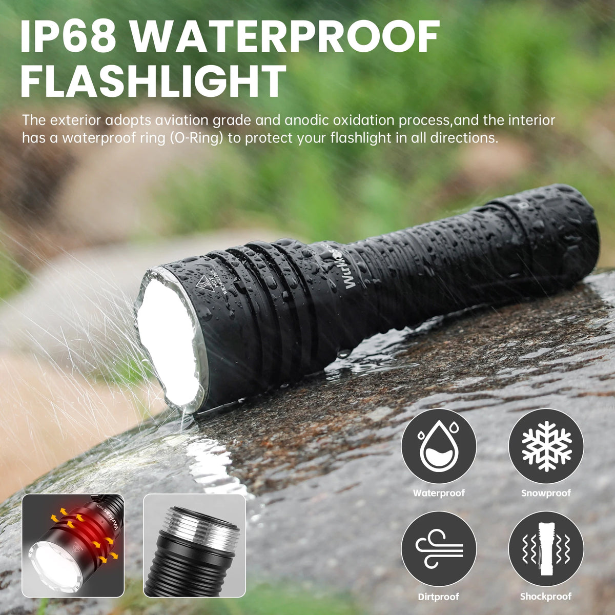 lampe torche noire rayures verticales moderne rechargeable ipx8 5000lm led hiking camping