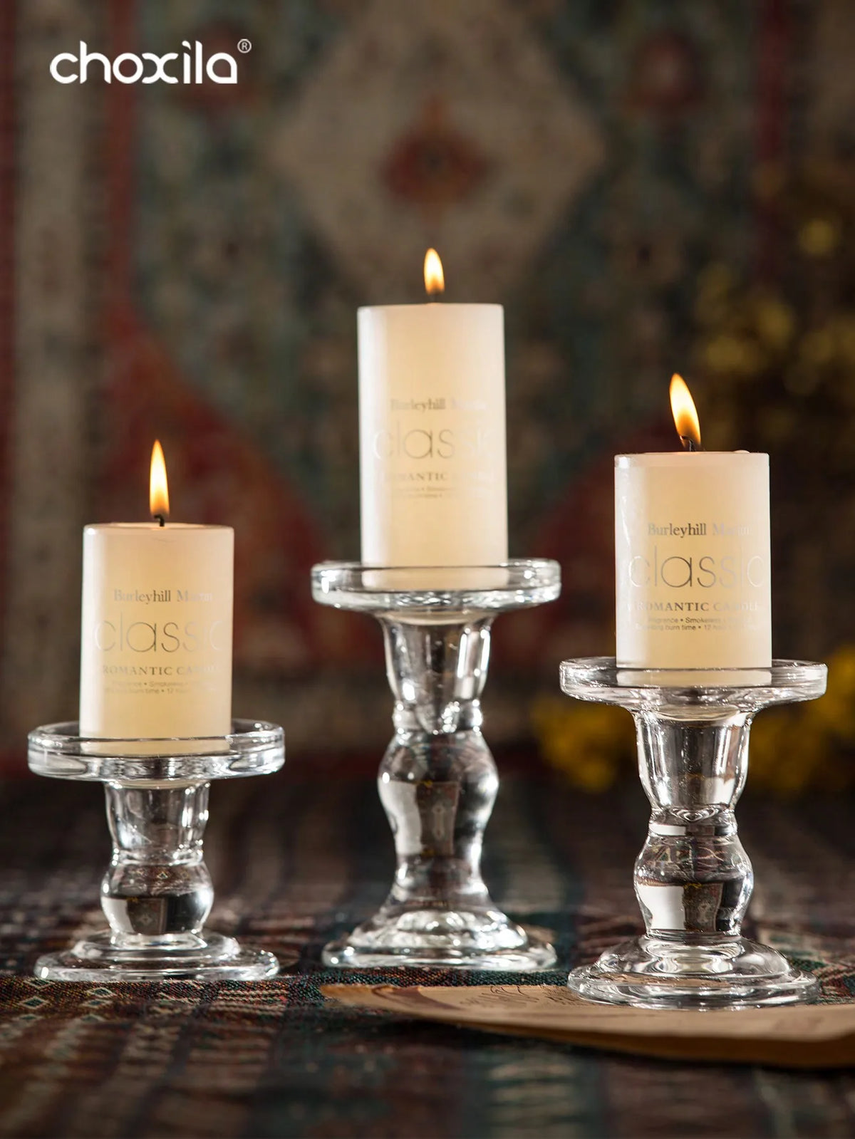 bougeoir verre transparent simple classique base stable lumière naturelle bougie