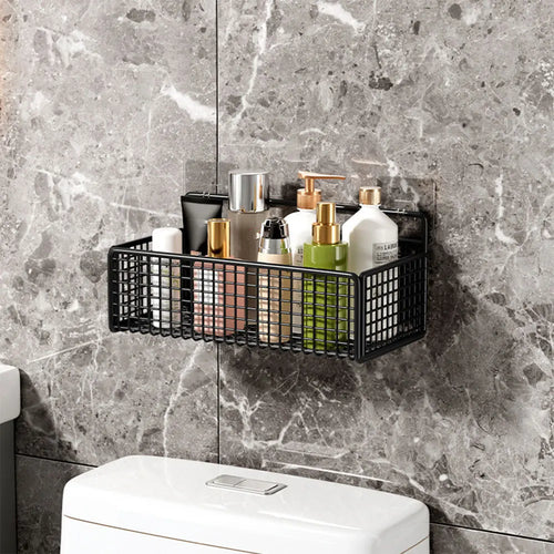 étagère rangement salle bain noir maille métallique moderne clips adhésifs bouteilles savon serviettes mouchoirs