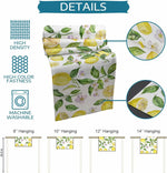 L'image présente un motif à base de citrons, de feuilles vertes et de fleurs, disponible en différentes tailles de bannières suspendues. Les détails du produit mettent en avant sa densité élevée, ses couleurs vives et son lavage en machine.