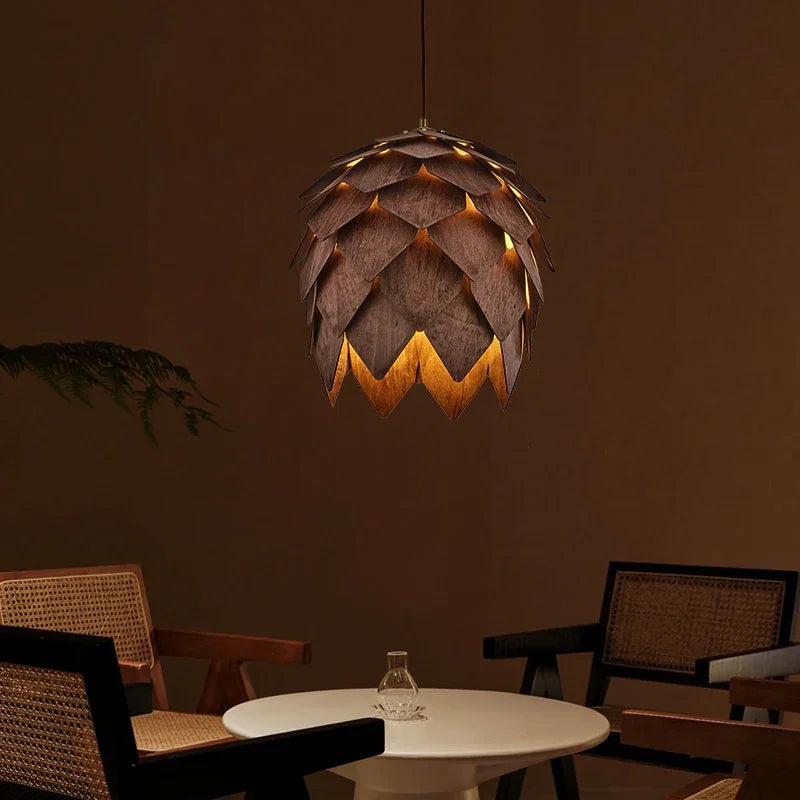 suspension lumineuse bois marron clair dorée feuilles stylisées lustre moderne salon chambre naturel