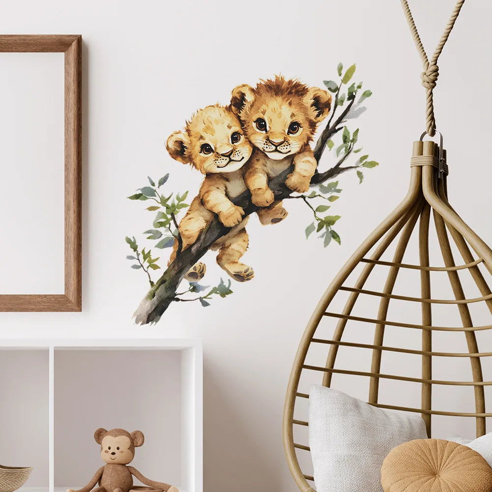 sticker mural illustration lionceaux branch feuilles marron beige vert blanc adhésif chambre salon hall