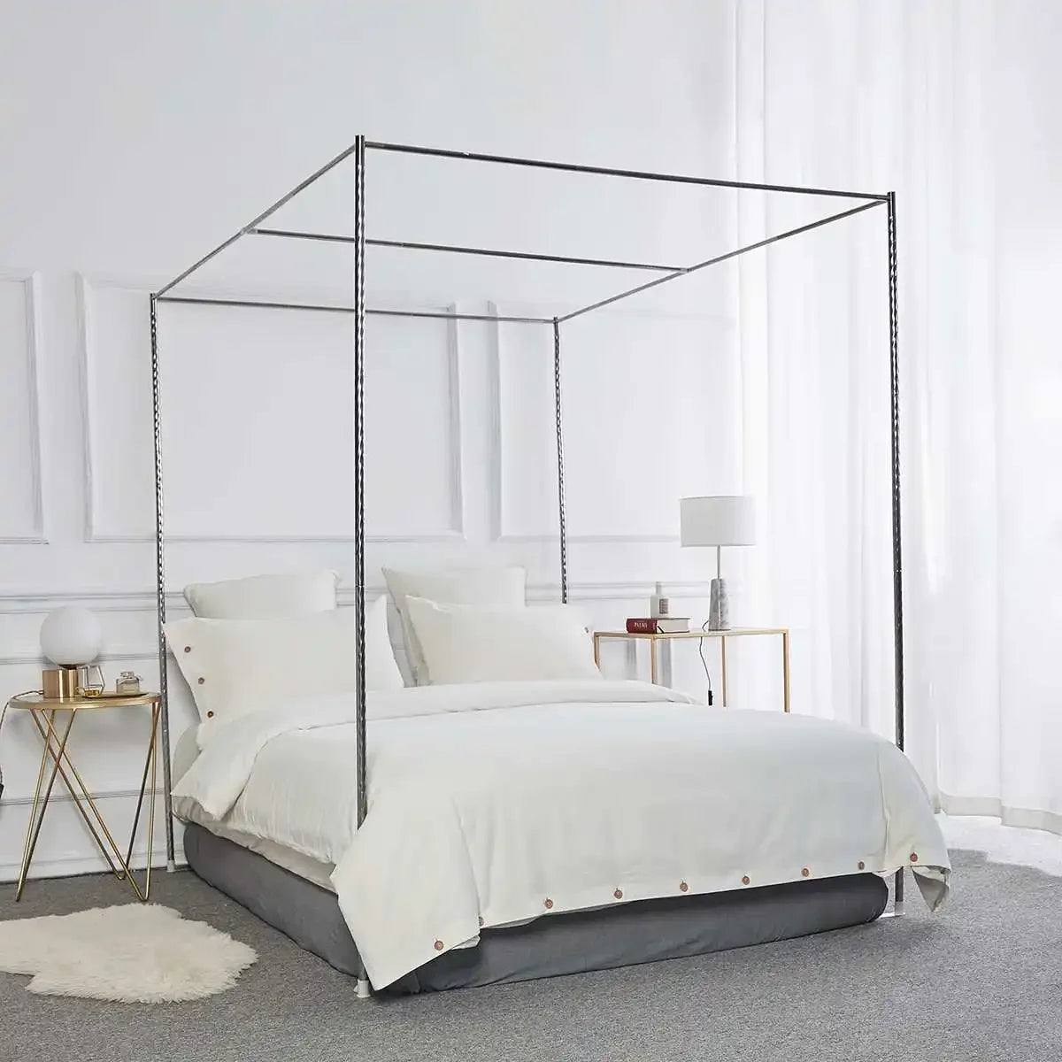 lit baldaquin acier inoxydable gris moderne structure métal lisse barre suspension clips pied pression