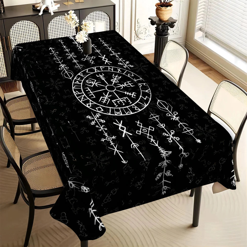 nappe table moderne noire runes symboles geometriques reutilisable polyeste rectangle festives assises couverts graphique