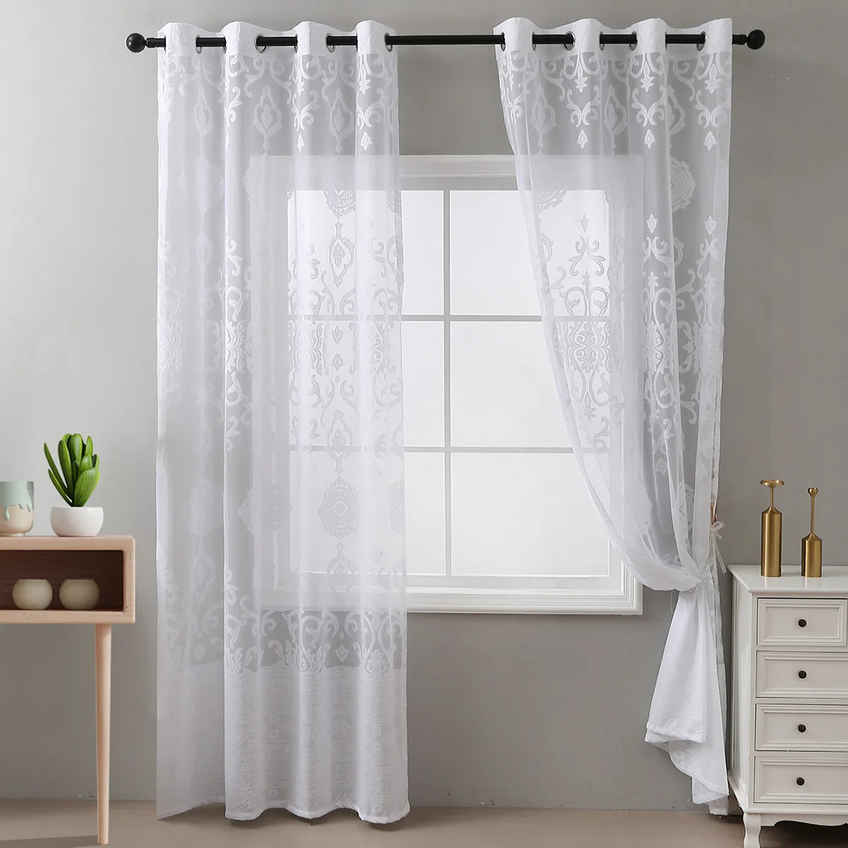 rideaux blancs motifs floraux deux panneaux polyester classique translucides øellets inclusion chambre salon