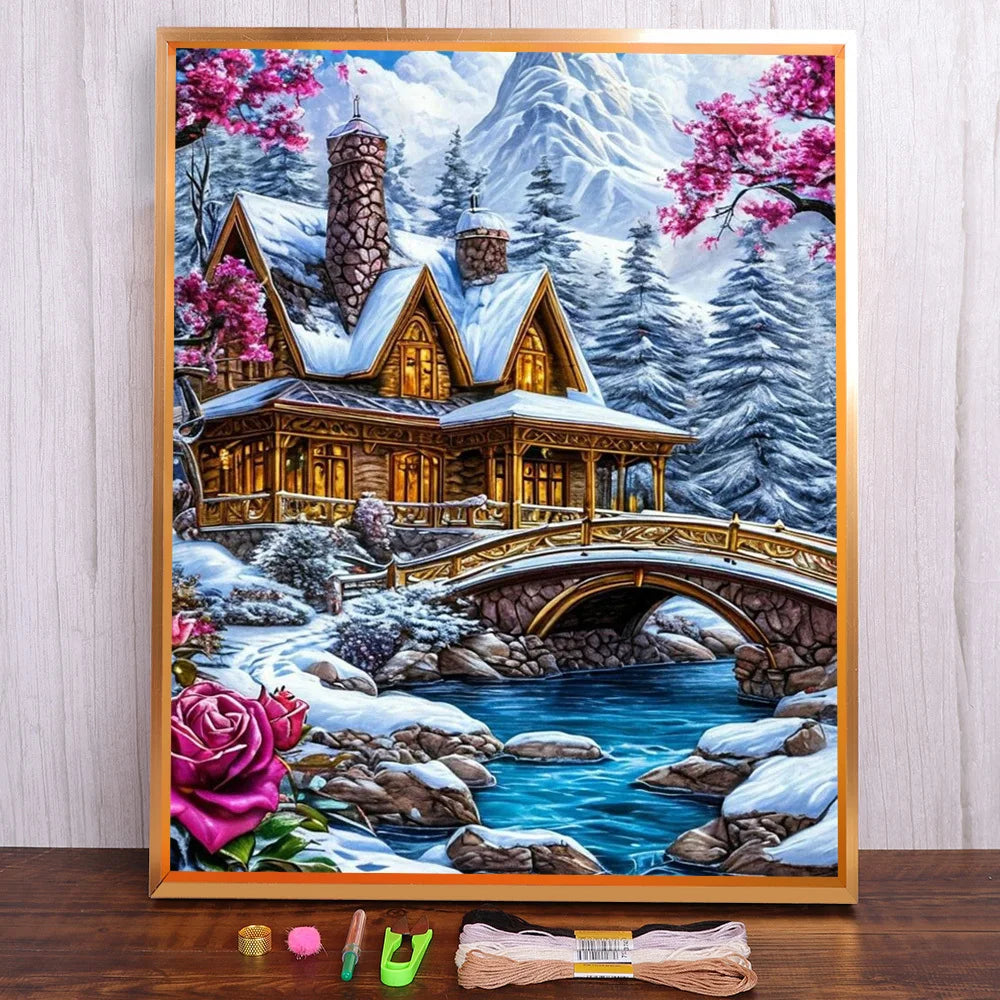broderie paysage hivernal chalet pont fleurs montagnes fil coton 11ct 14ct guide mesure canvas
