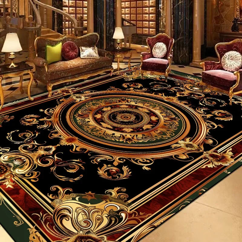 Un élégant intérieur luxueux avec des fauteuils rembourrés, des tapis ornementés et des motifs dorés sur un fond sombre, créant une atmosphère sophistiquée et raffinée.