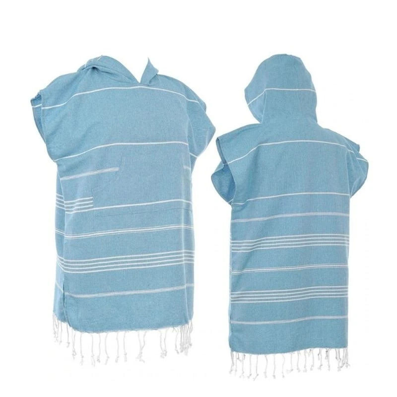 Poncho rayé bleu clair rose pâle gris poncho plage coton polyester poche franges