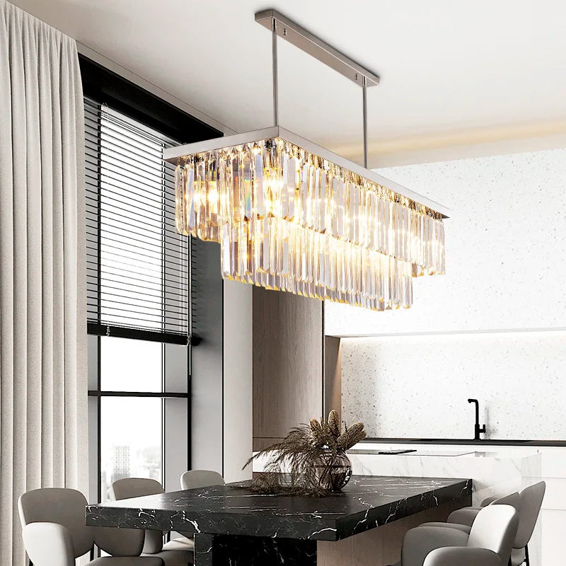 Suspension lumineuse moderne cristal transparent doré chaînes métalliques led 100 120 cm