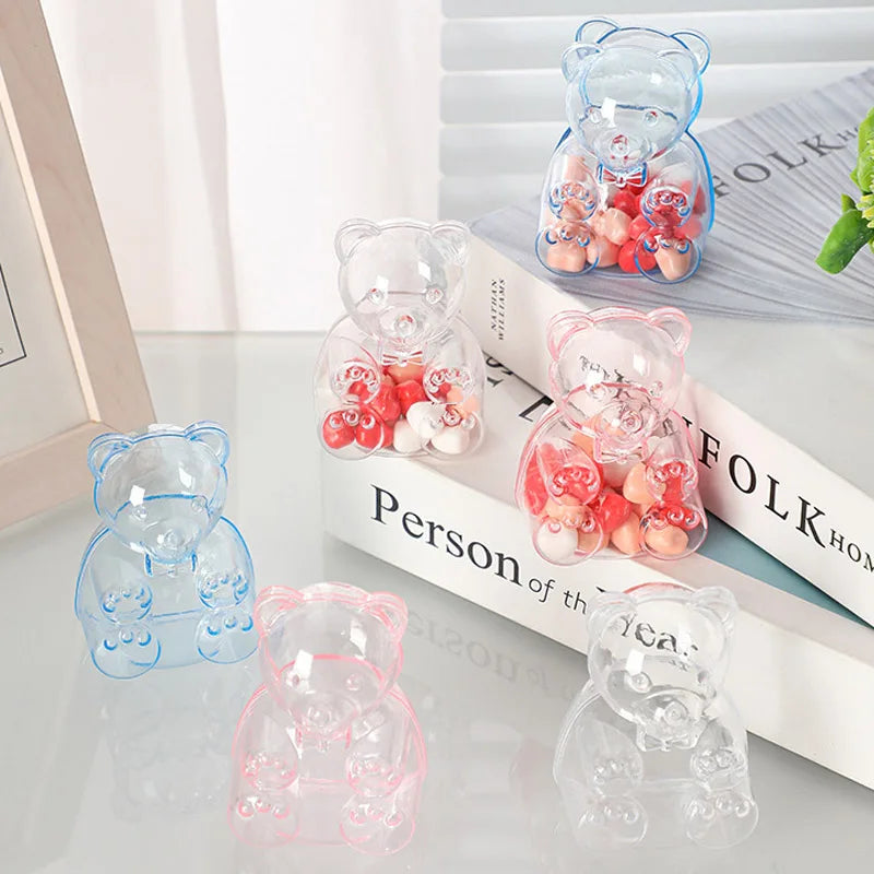 boîtes bonbons ours transparentes rose clair contemporaines mignonnes coeurs rouges blancs oranges mariage snacks
