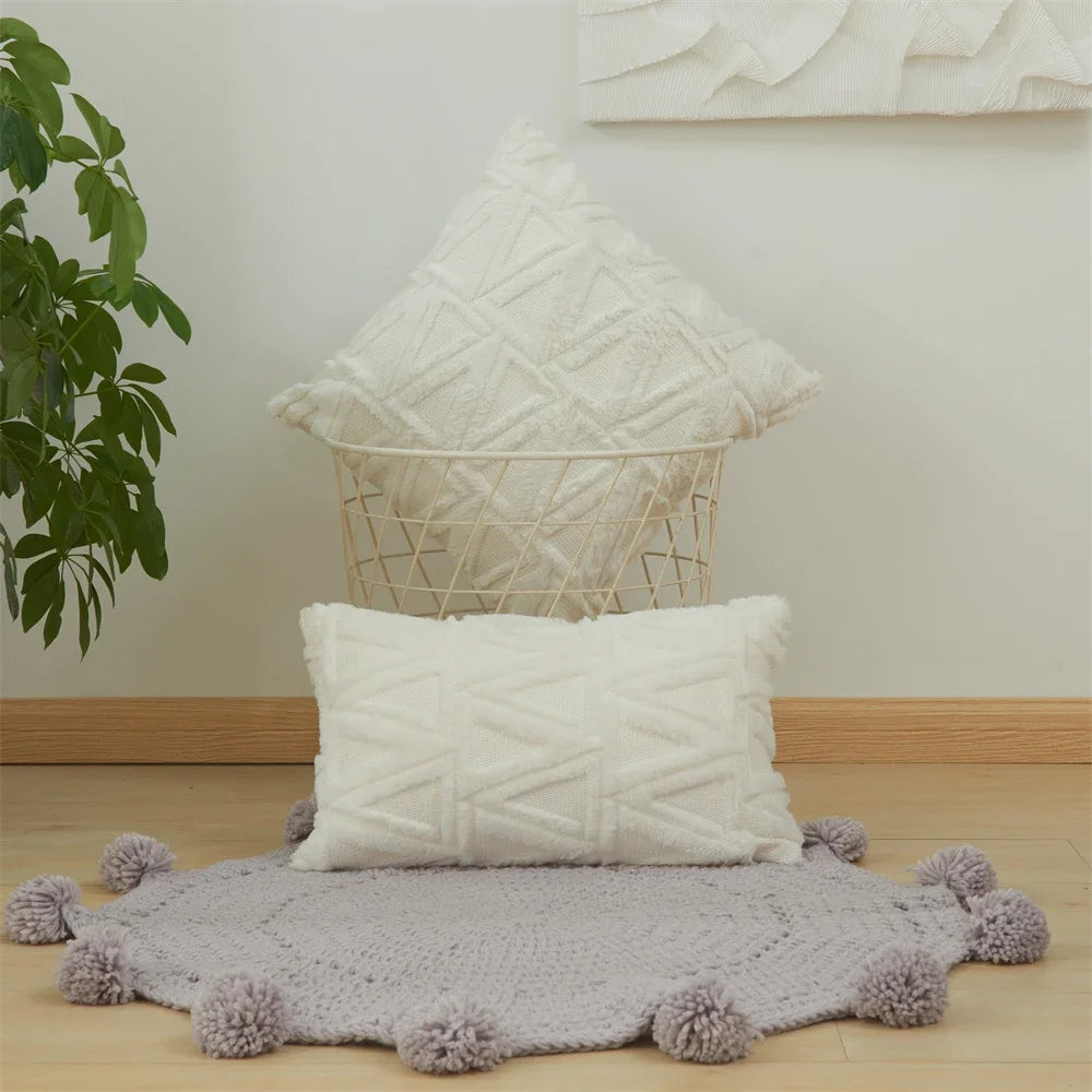 coussin blanc peluche triangles géométriques doux moderne confortable sans insert invisible zip 30x50cm 40x40cm
