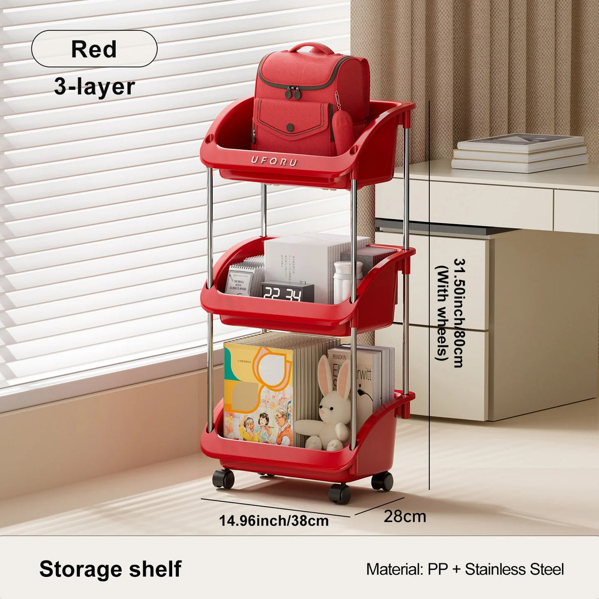 chariot rangement roulant stockage livres sacs dos organisation maison moderne vert rouge beige