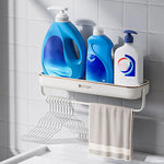 étagères rangement murales adhésives blanches modernes salle bain produits cosmétiques bouteilles lessive serviettes