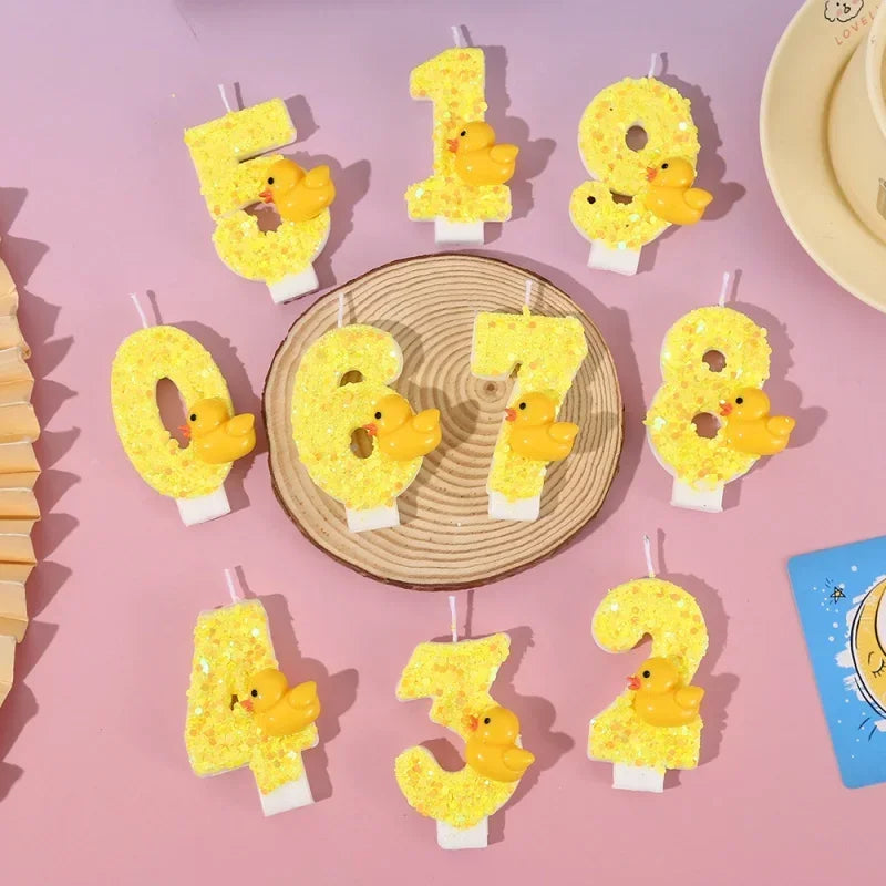 bougies chiffres canard jaune paillettes dorées anniversaire décoration enfantino festive opaques