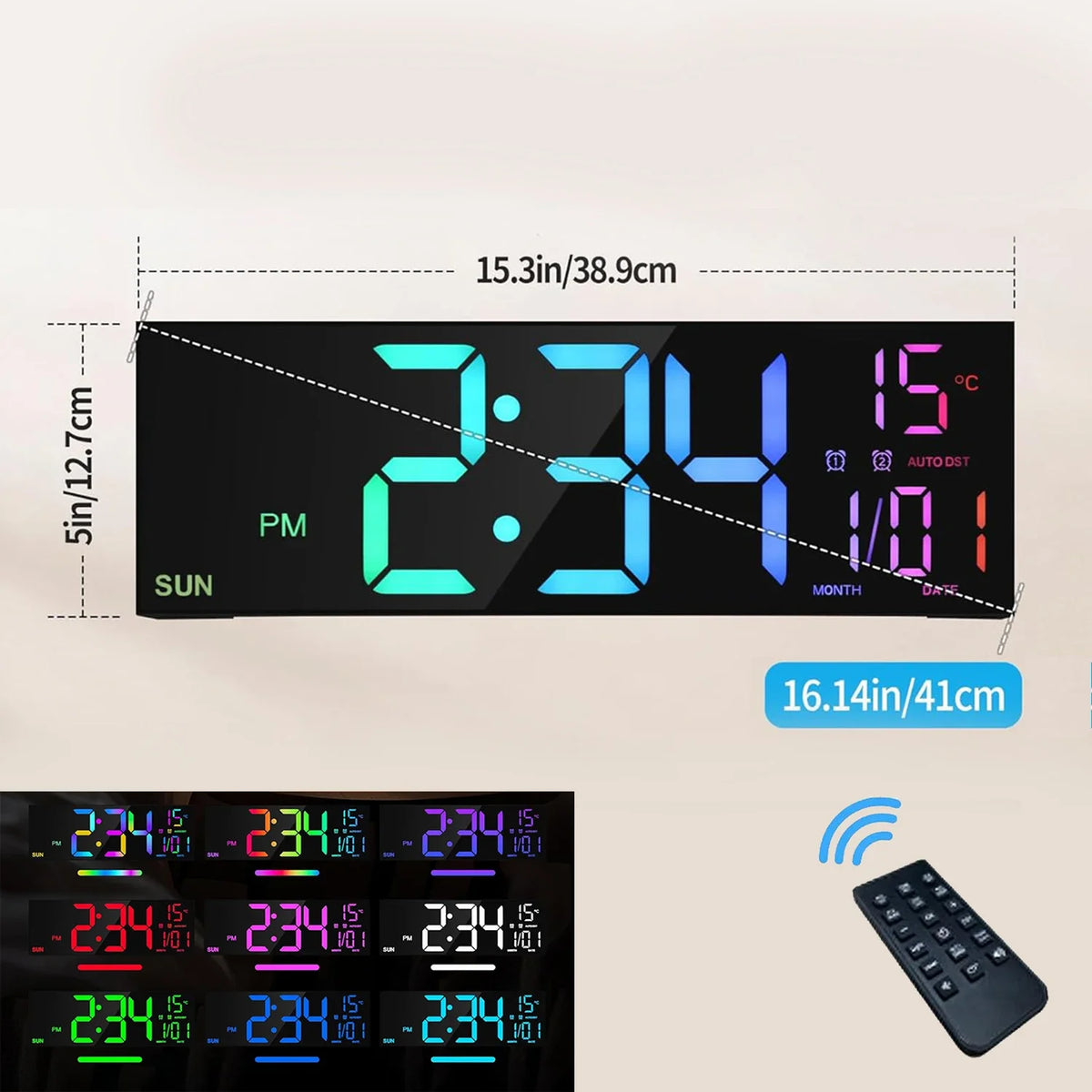 grande horloge murale digitale couleurs rvg télécommande alarme lumineuse moderne