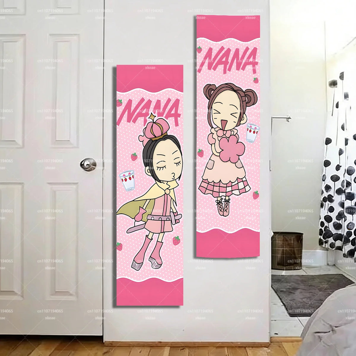 tapisserie murale personnages animés rose tresses bonbons fraises fond rose chambre décoration 150x40cm
