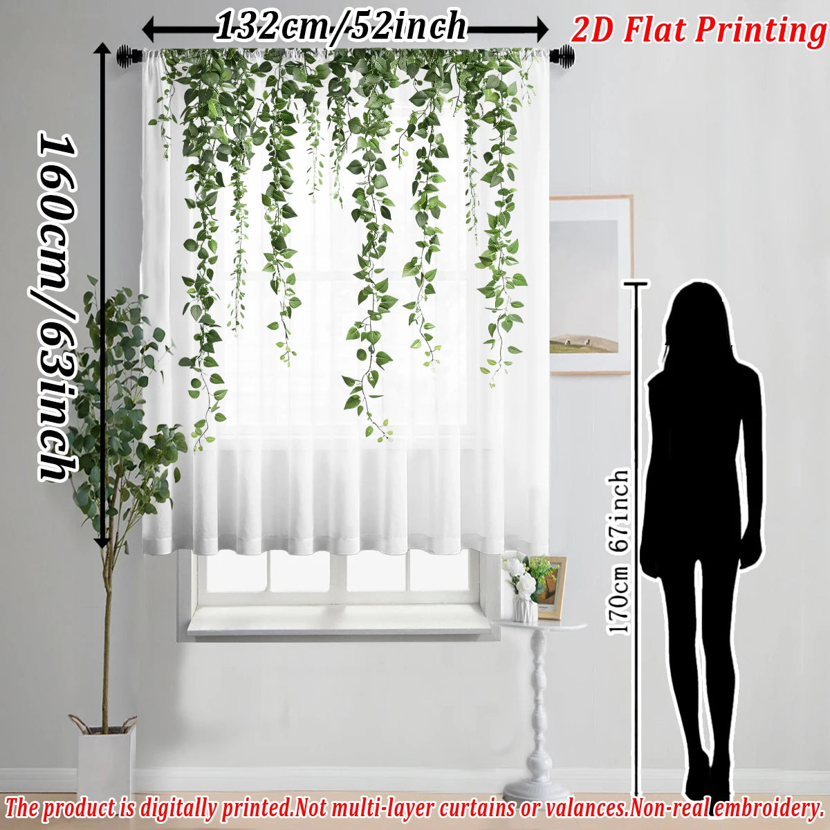 rideau fin imprimé lierre vert transparent bohème salon chambre maison tringle métallique