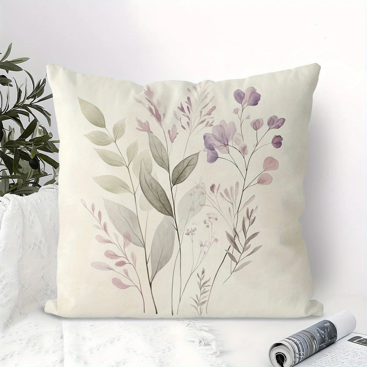 taies d'oreiller décoratives imprimées floral motifs fleurs oiseaux polyester vert clair blanc zip 45x45cm