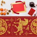 table cuisine rouge dorée motif chinois chevaux fleurs nouvelle année festive