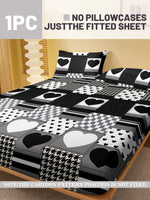 drap housse géométrique moderne noir blanc cœur patchwork polyester lit chambre