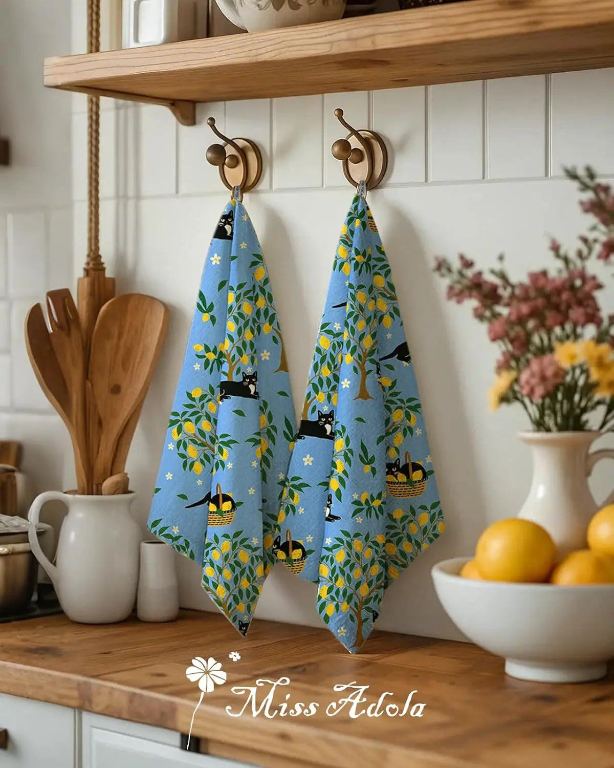 serviettes cuisine bleu jaune chats arbre fleurs tissu texturé boucle suspension dimension 40x60cm decoration