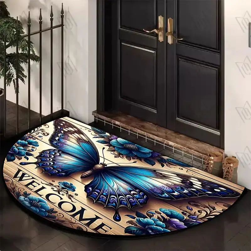 tapis d'entrée moderne papillon bienvenue bleu beige brun antidérapant résistant extérieur couloir véranda
