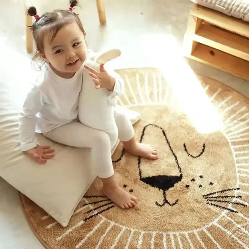 tapis rond dessin animé lion soleil chambre enfant polyester 100x100cm 120x120cm 80x80cm