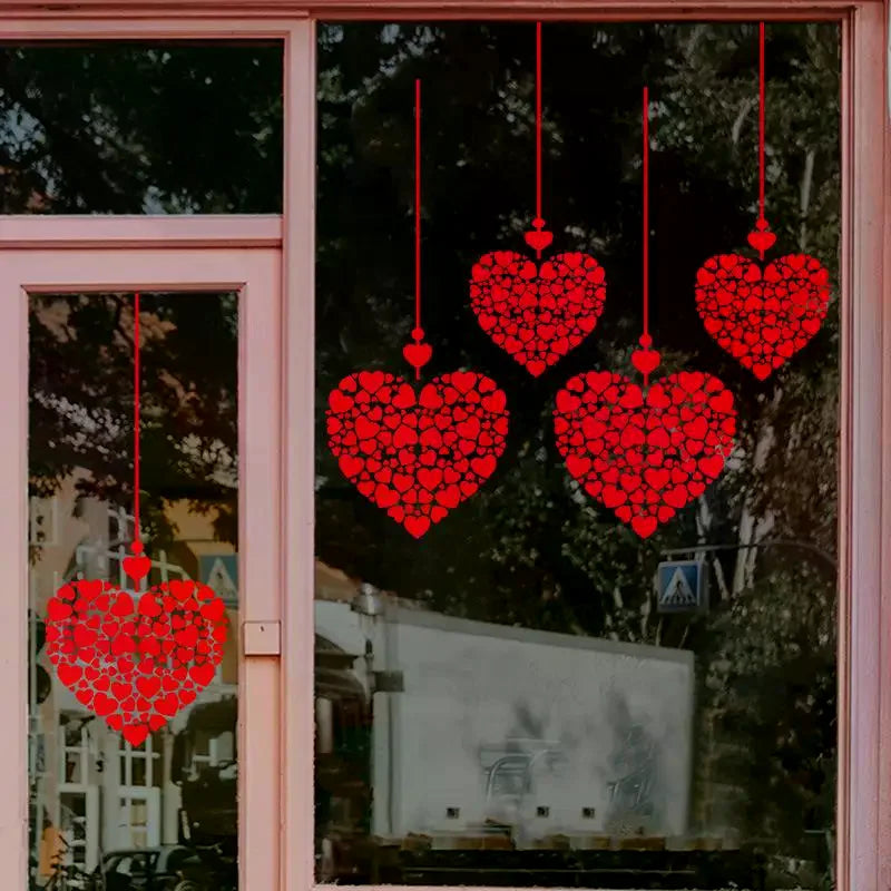 autocollants decoratifs coeurs suspendus rouge petits coeurs relief ruban romantique decoration fenetre vitrine occasion