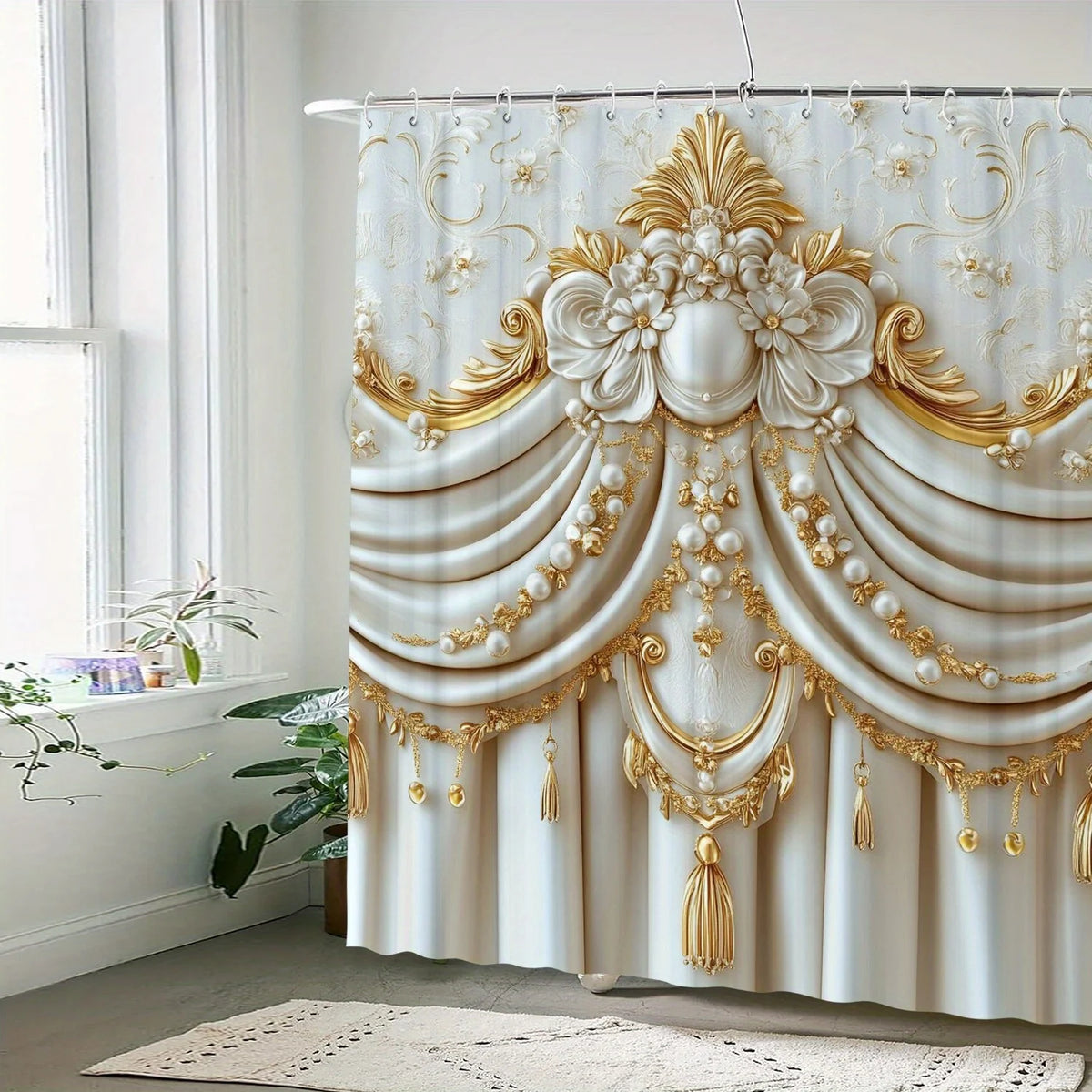 rideau douche blanc doré ornements baroques classique imperméable polyester respectueux environnement