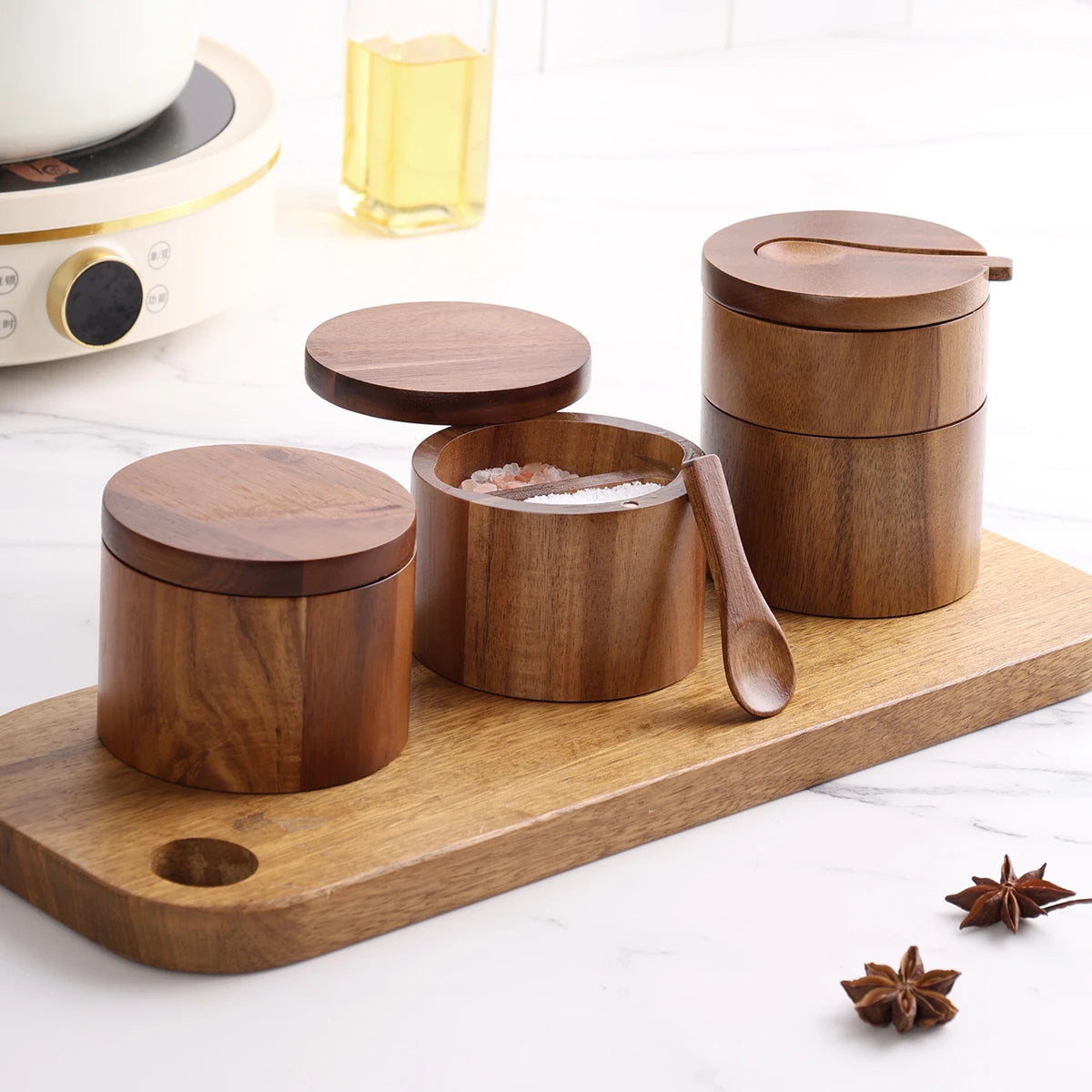 pot épices bois massif marron clair cuillère incluse sel épices moderne rustique cuisine réutilisable
