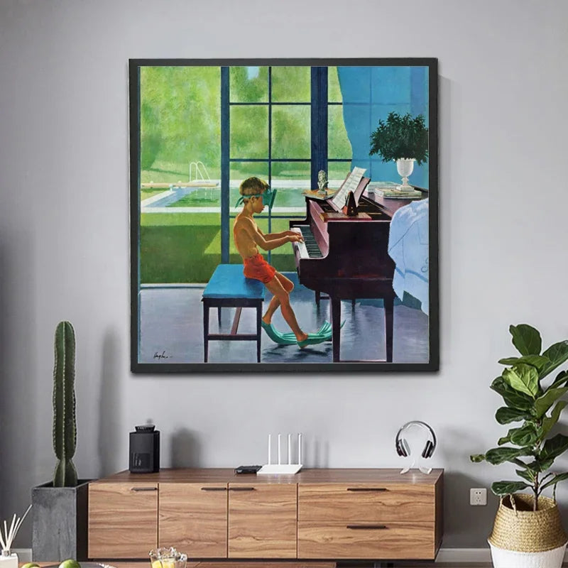 tableau toile huile enfant piano vert bleu brun contemporain maison décoration mur carré