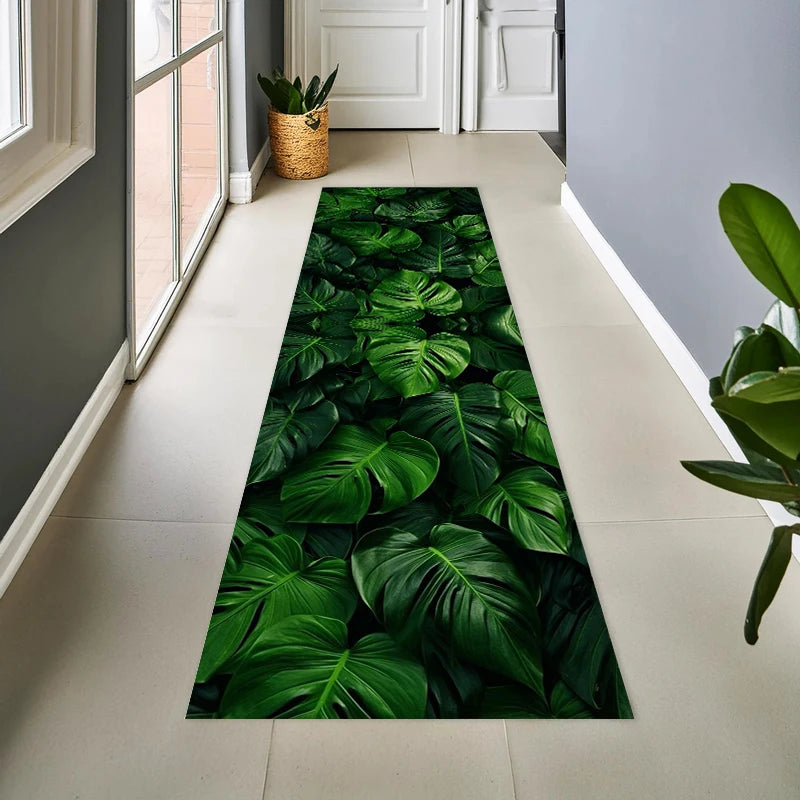 tapis feuilles tropicales vert foncé moderne salon cuisine antidérapant polyester polypropylène durable decoration extérieur