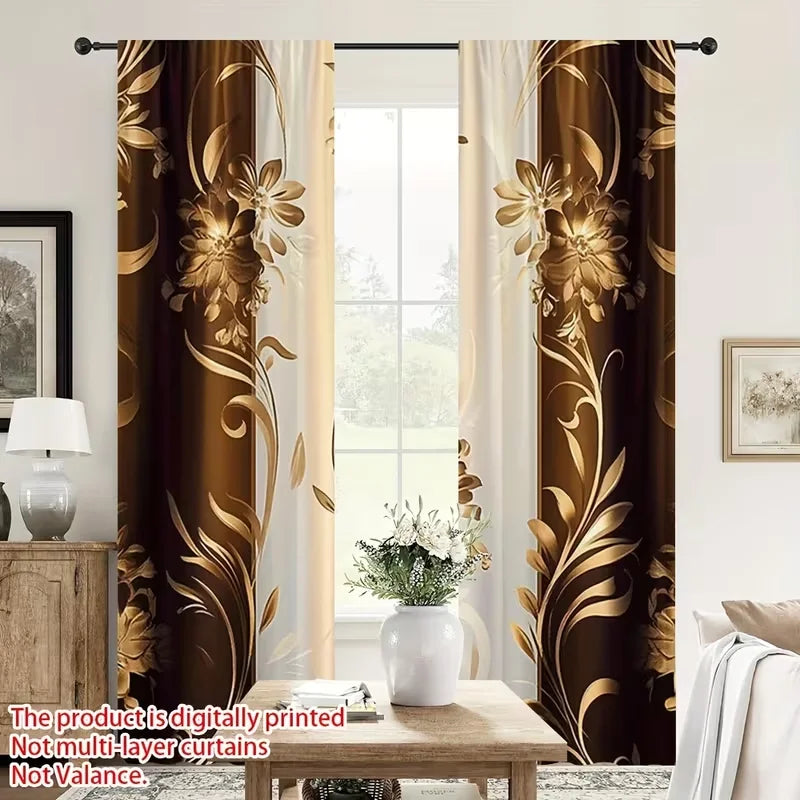 rideaux polyester fleurs dorées marron moderne fenêtre 24x59 30x65 41x91 51x83