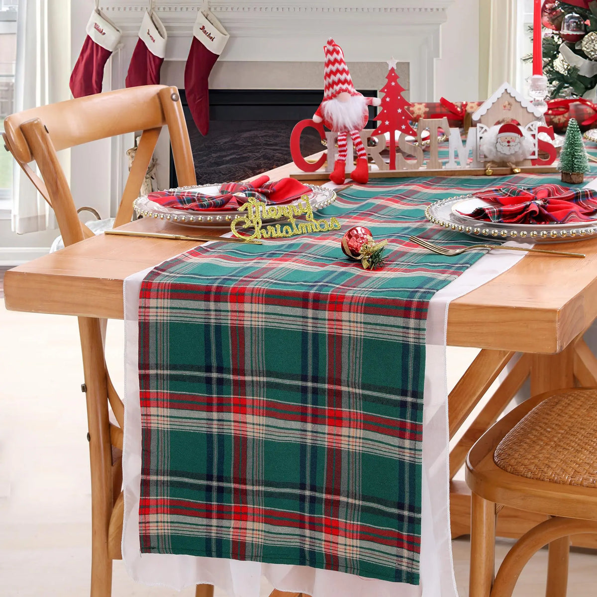 table cheminement carreaux écossais vert rouge blanc hiver noël classique polyester coton