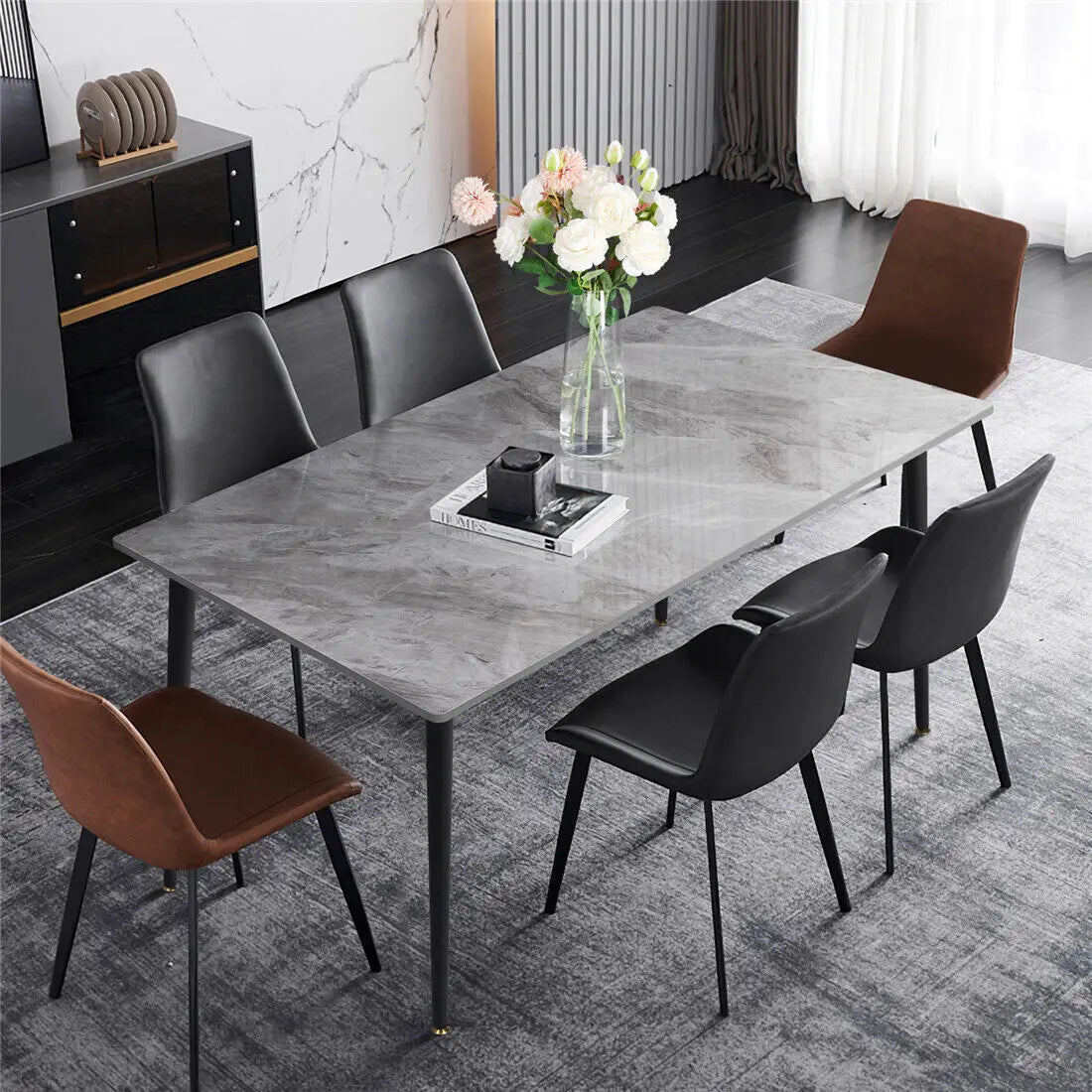 table manger marbre moderne rectangle gris noir beige pieds métal minimaliste 120cm 70cm
