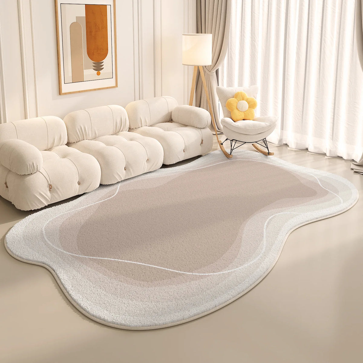 tapis salon moderne motif géométrique bleu gris beige blanc doux intérieur maison séjour confortable