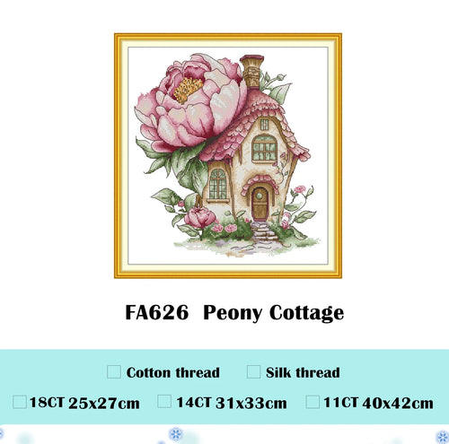 kit broderie scénique fleurs maison arbres fruitiers coton peintures rose blanc bleu vert jaune