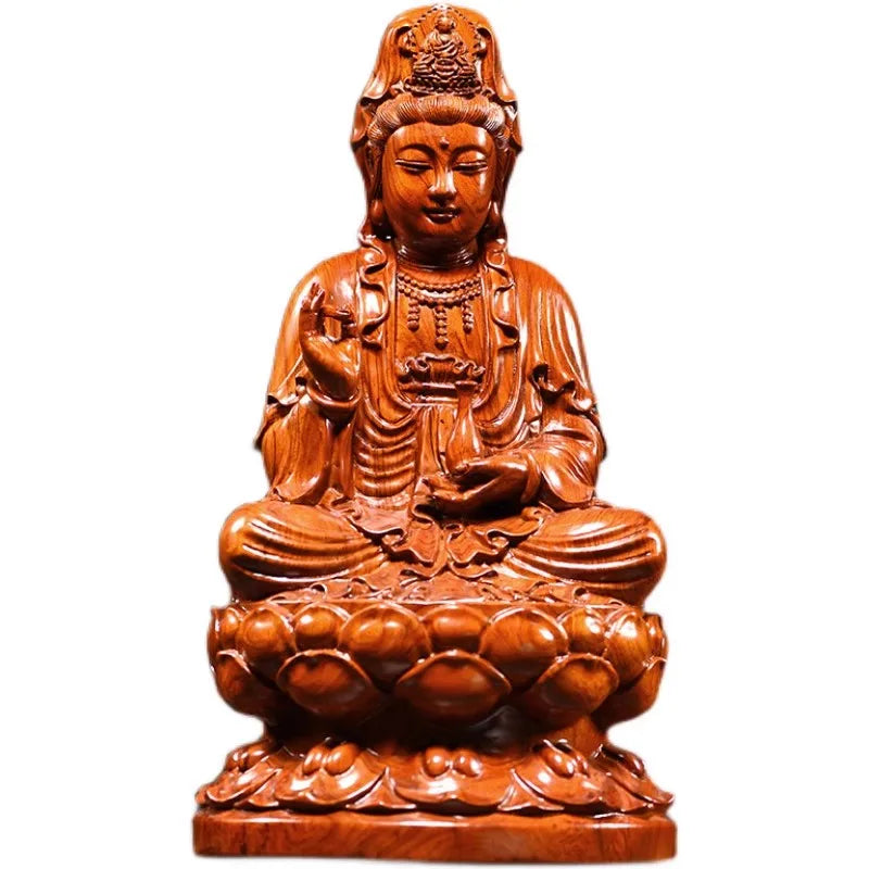 statue bouddha assis bois sculpté détaillé feng shui décoration maison brun clair doré traditionnelle