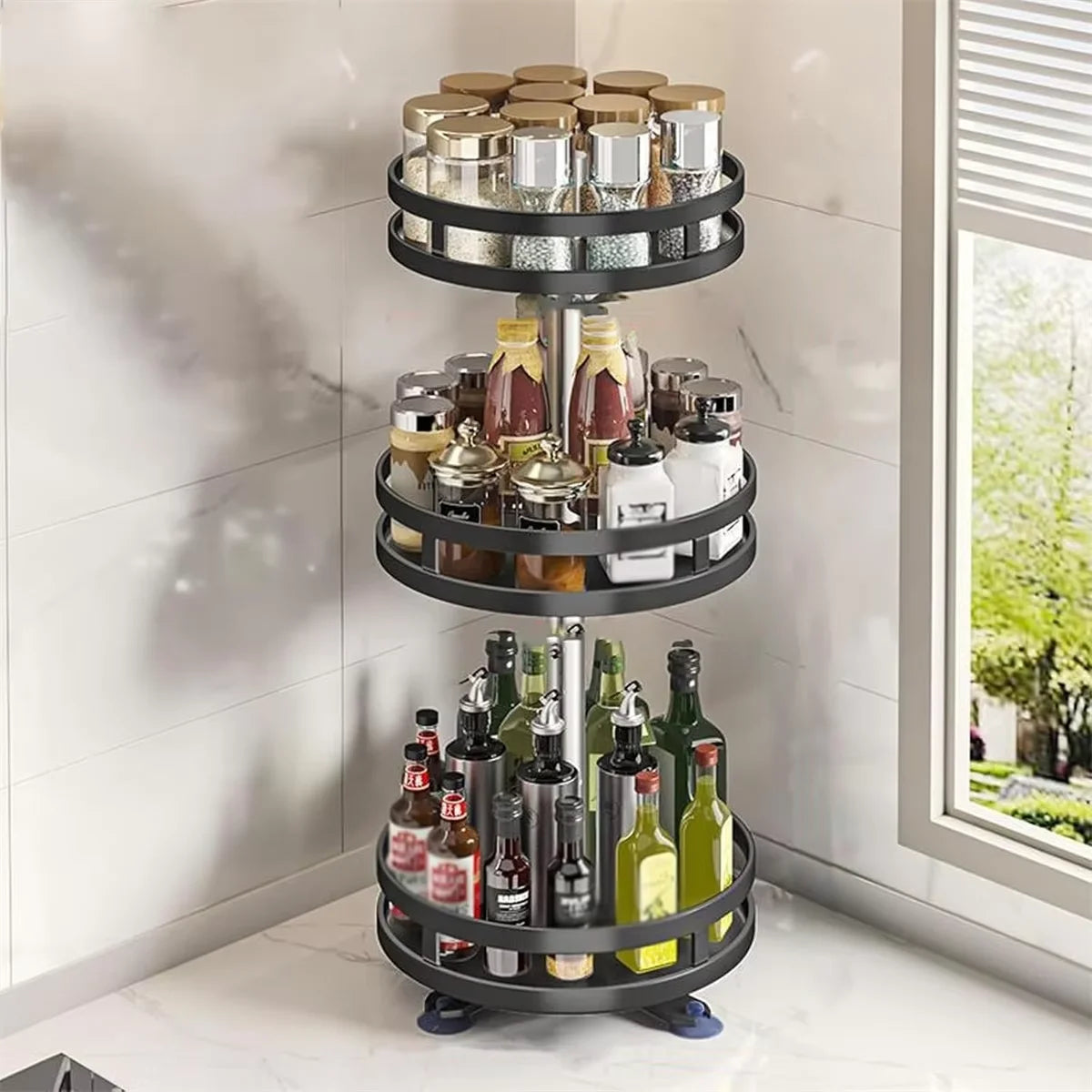 rangement tournant étagère métal noir argenté pots épices bouteilles cosmétiques moderne utilitaire