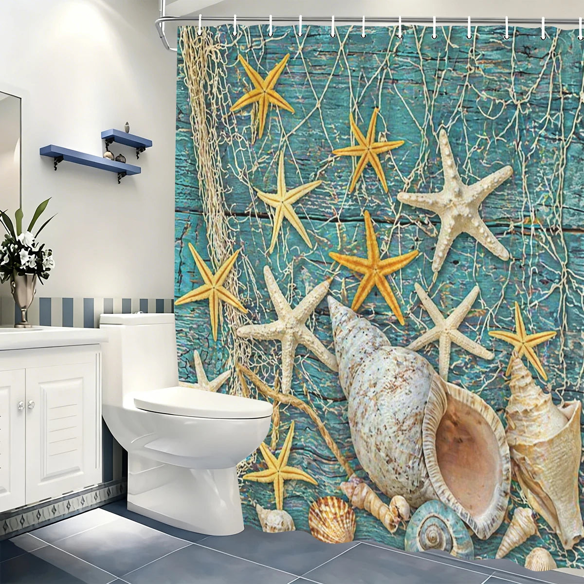 rideau douche fleur bleu blanc vintage 150x180cm polyester MACHINE WASHABLE