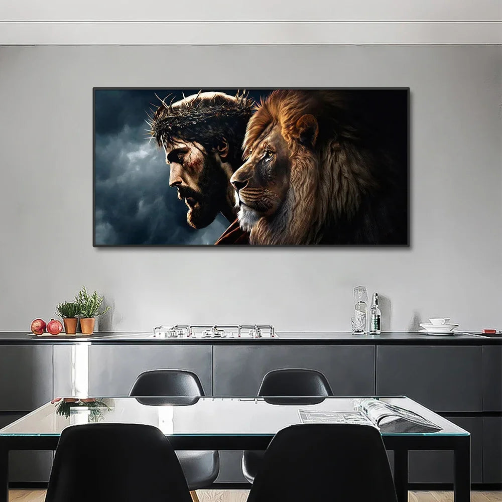 tableau sans cadre impression toile abstraite dieu jésus christ lion noir gris beige marron