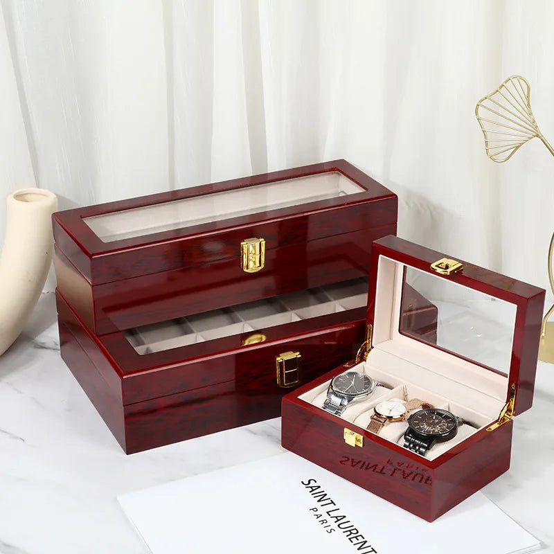 boîte montres bois rouge classique poignées dorées trois places montres stock fashion casual