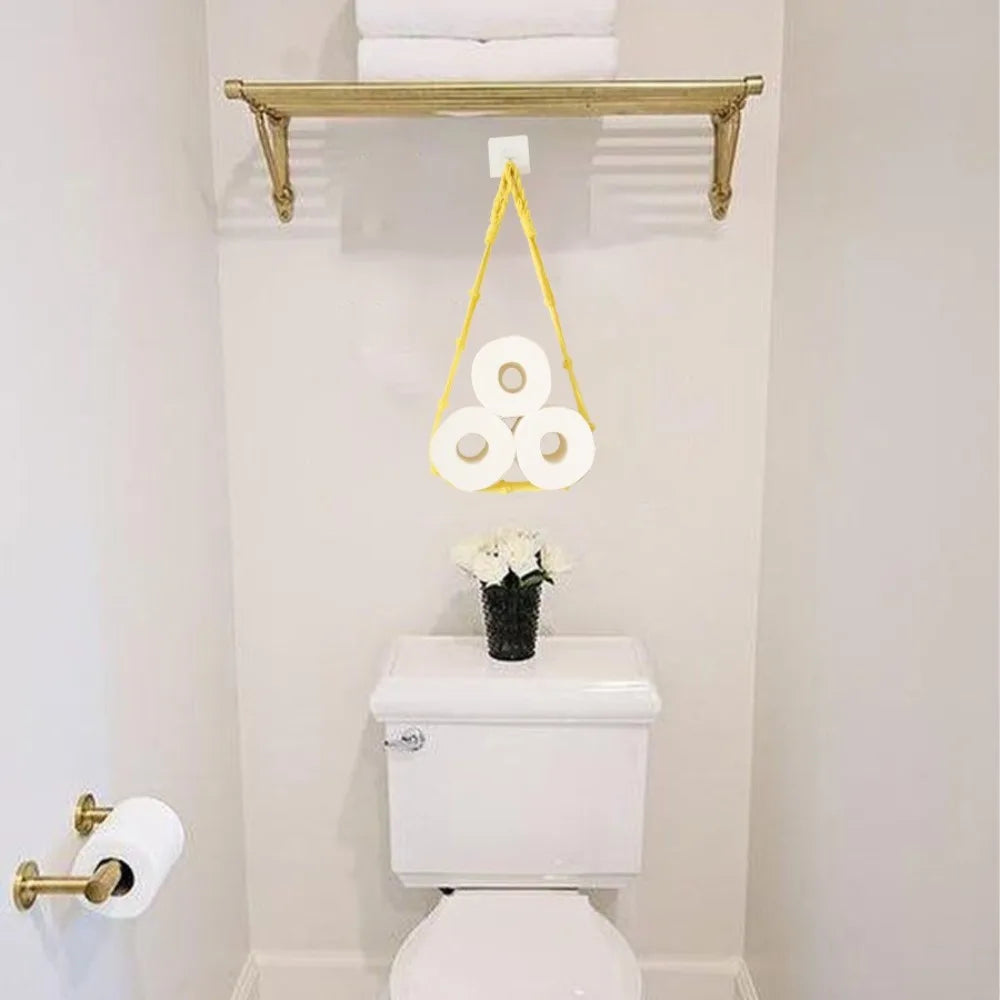 Sac rouleaux papier toilette boho blanc tissu crochet mural salle bain deco rustic