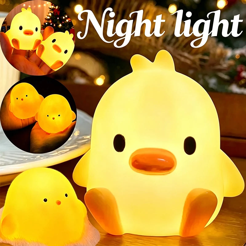 lampe nuit poussin jaune yeux noirs bec orange enfant mignon doux lumière pile bouton