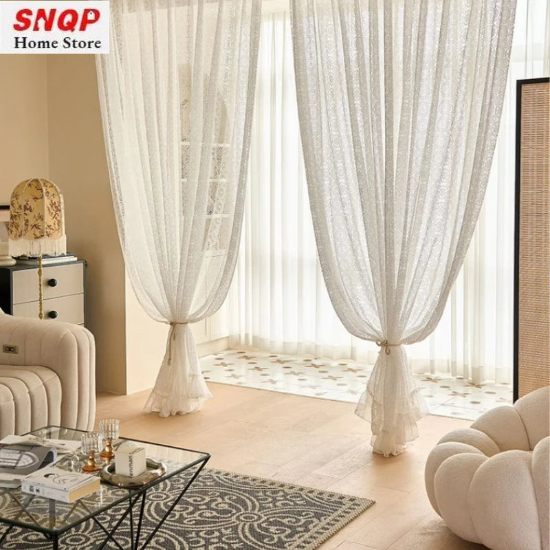 rideau dentelle blanc transparent romantique anneaux fenêtre salon chambre maison luxe