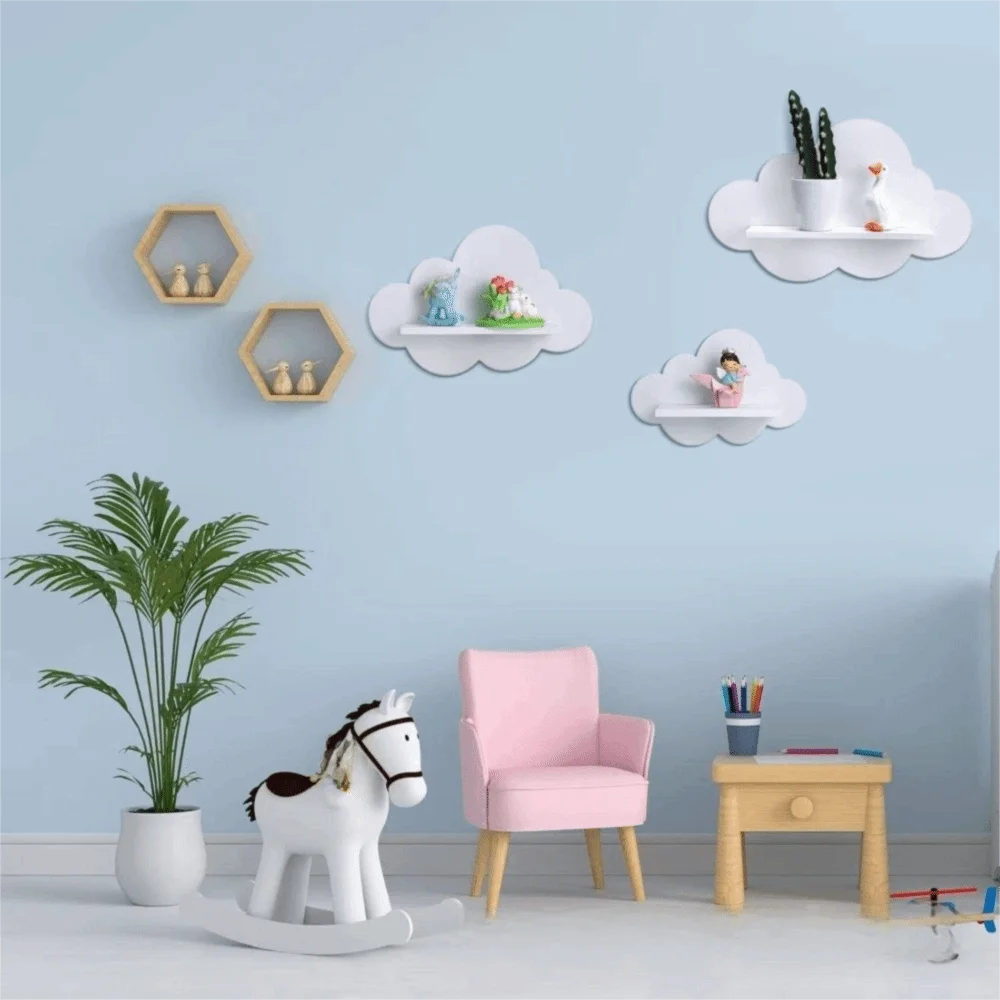 étagères murales nuage blanches modernes adhésives rangement bois pot fleurs cactus jouet