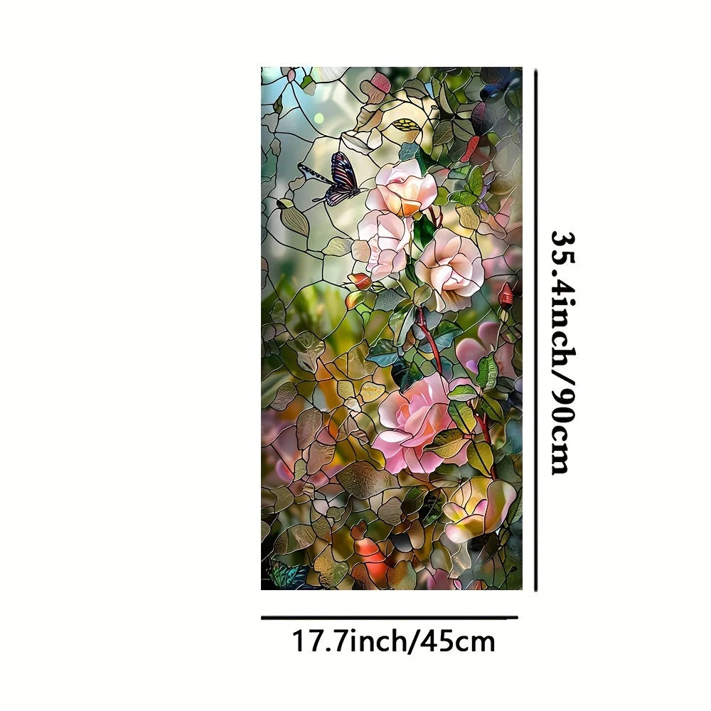 film décoratif fleurs feuilles multicolore adhésif opacité art deco vitrail maison fenêtre 45cm 90cm