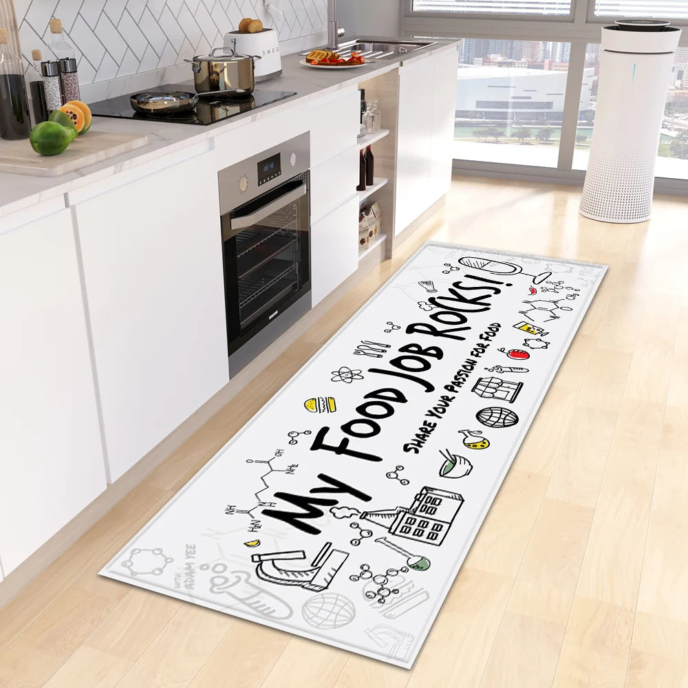 tapis cuisine rectangle motifs aliments moderne fourchettes couteaux cuillères fruits légumes